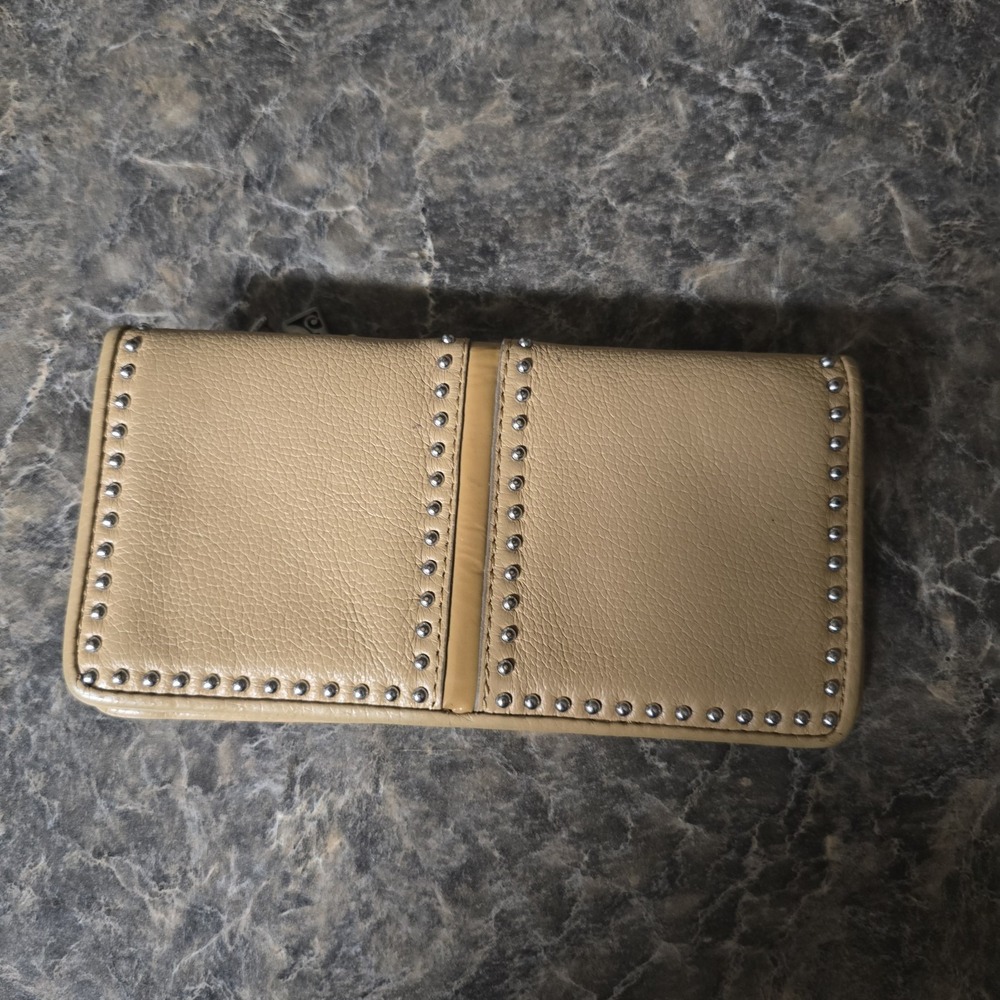 Brighton Pretty Tough Collection Beige Leather Silver‎ Studded Organizer Wallet